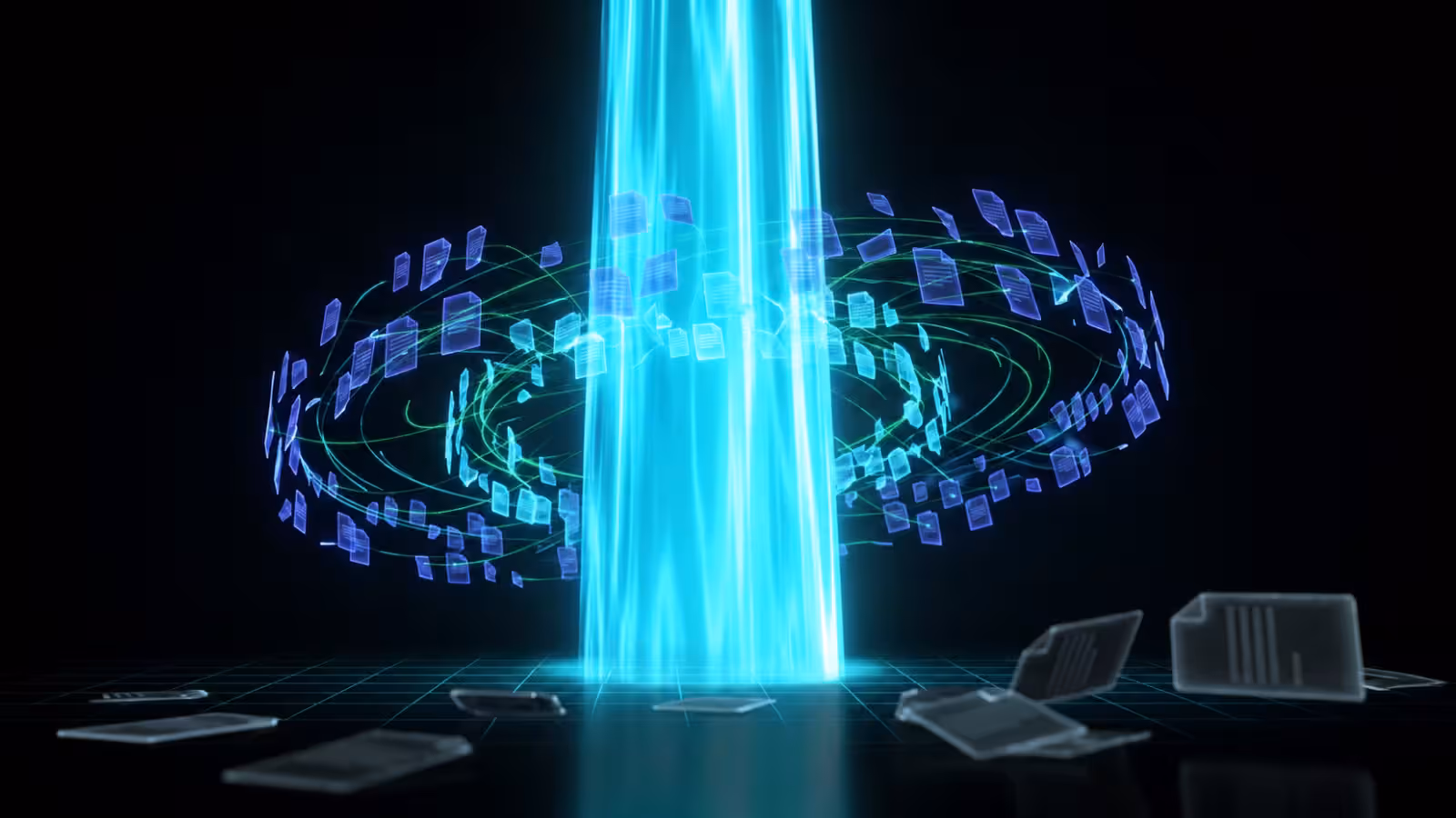 Blue digital light pillar with floating, swirling translucent AI document icons around it on dark grid background.
