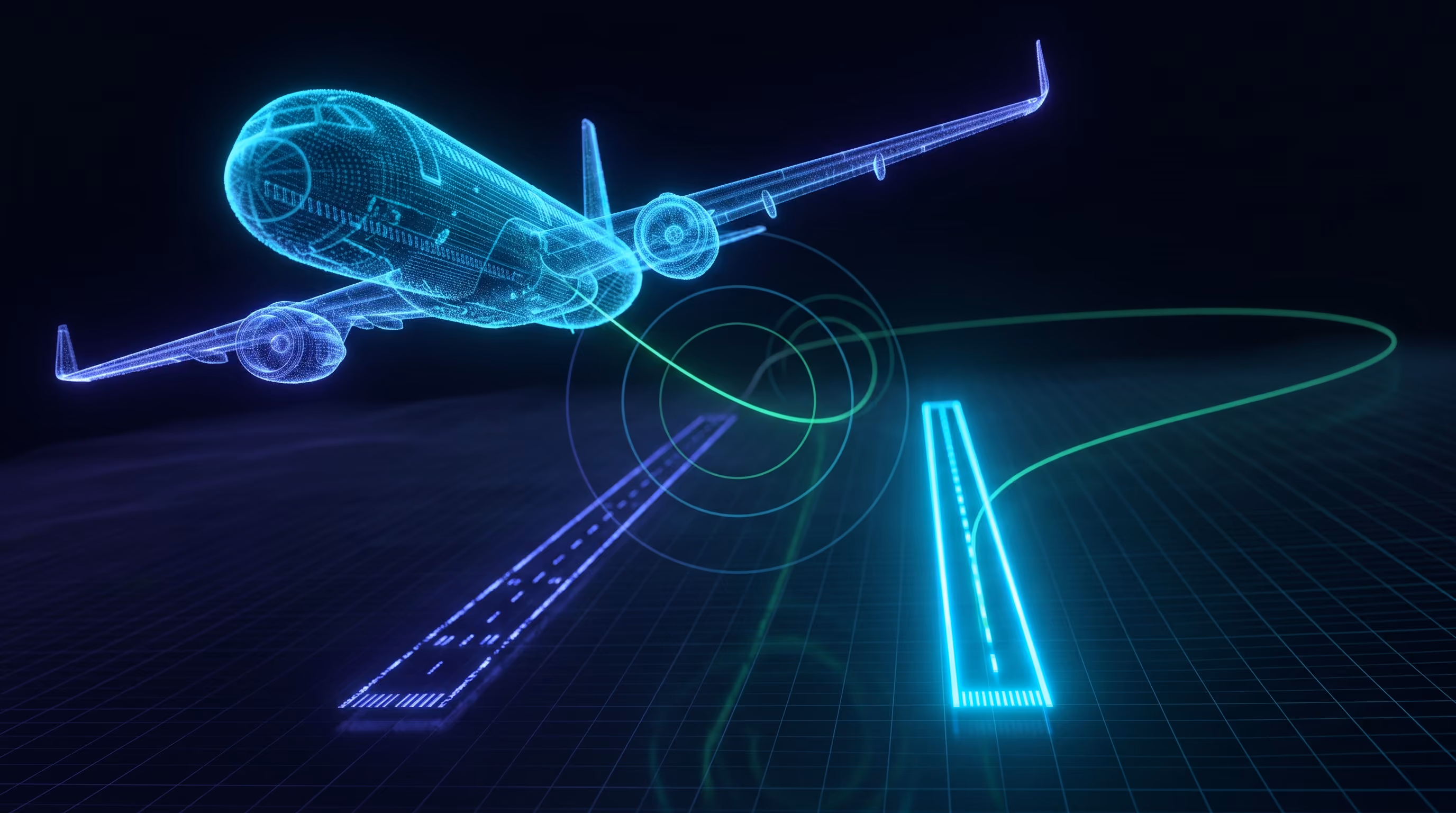 A glowing wireframe airliner banking above a grid, its green flight path curving through signal rings from a dimmed runway to a brightly lit one: airlines moving flights and keeping passengers informed when an airport closes.