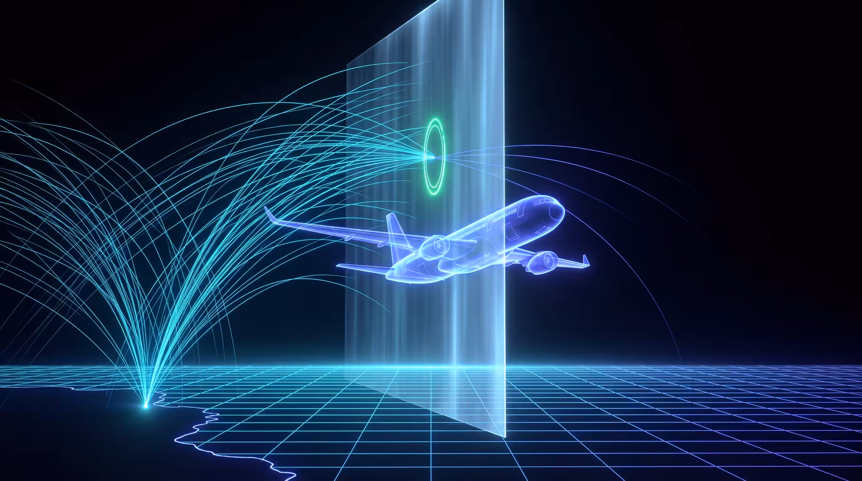 A glowing blue aeroplane crossing a beam of light above a grid, with flight routes fanning out from one airport: airline schedule analysis built with AI for commercial planning.