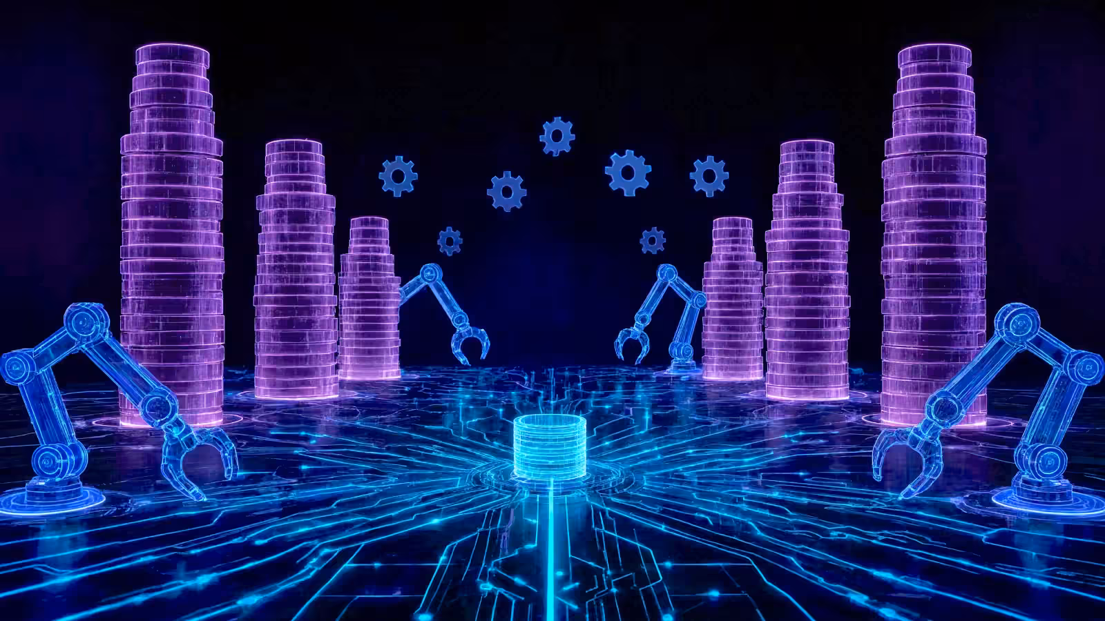 Neon robotic arms around digital AI token stacks with floating gears over a circuit board pattern, depicting AI automation.