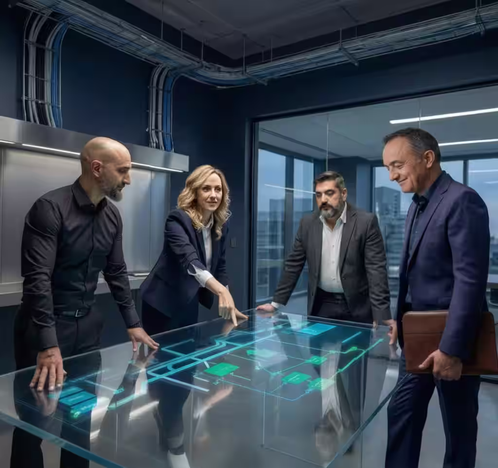 Four fractional executive professionals in business attire stand around a transparent table displaying a holographic digital interface with circuit-like blue and green graphics depicting AI agentic automation solutions for growing and scaling businesses.